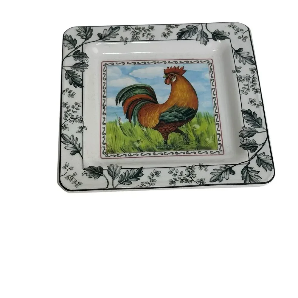 I Galletti 2 Square Ceramic Rooster Bread Plates Trinket Dishes Italy Farmhouse